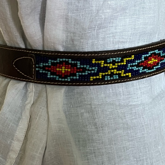 J Crew Native American Beaded Leather Belt Brass Buckle Blue Red Yellow Beads - Picture 6 of 12